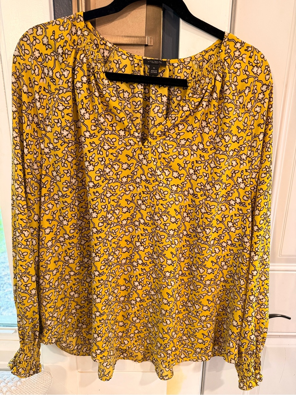 Ann Taylor Factory Yellow Floral Tie-Neck Blouse